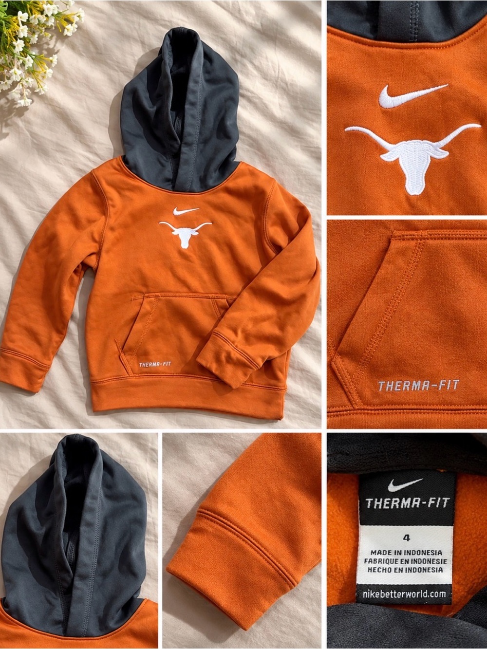 Nike Kids Orange Hoodie with Charcoal Hood and White Longhorn Logo